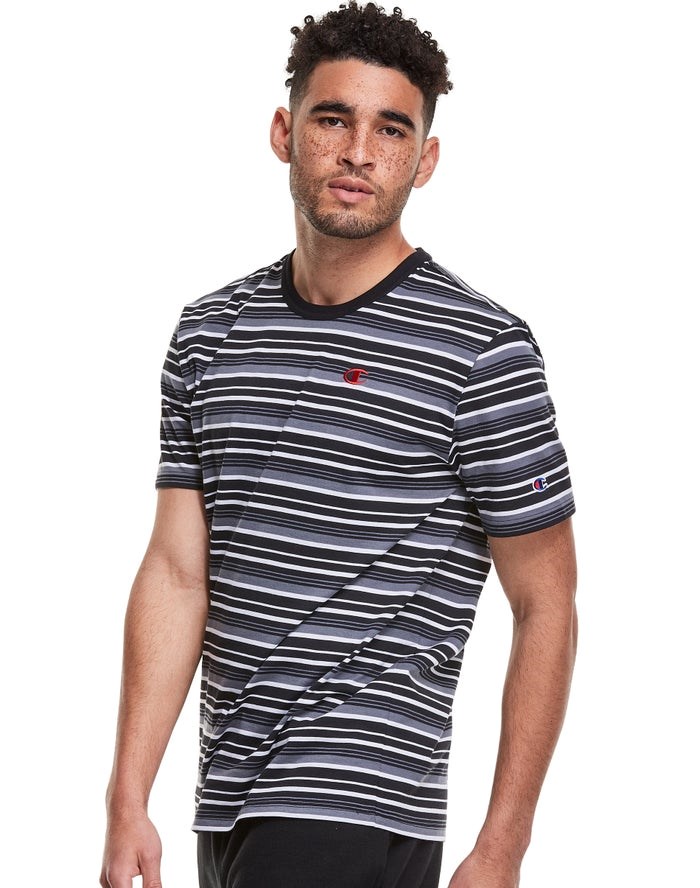 Champion Yarn-Dye Stripe C Logo T-shirt Herr Svarta Grå | 5234867-HV