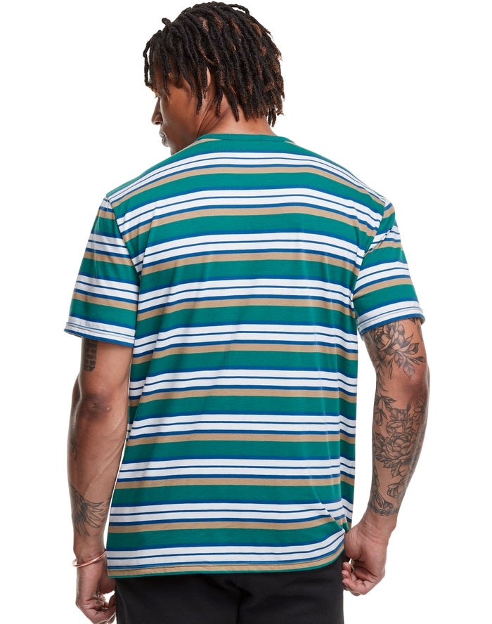 Champion Yarn-Dye Stripe C Logo T-shirt Herr Gröna Vita | 6501728-KD