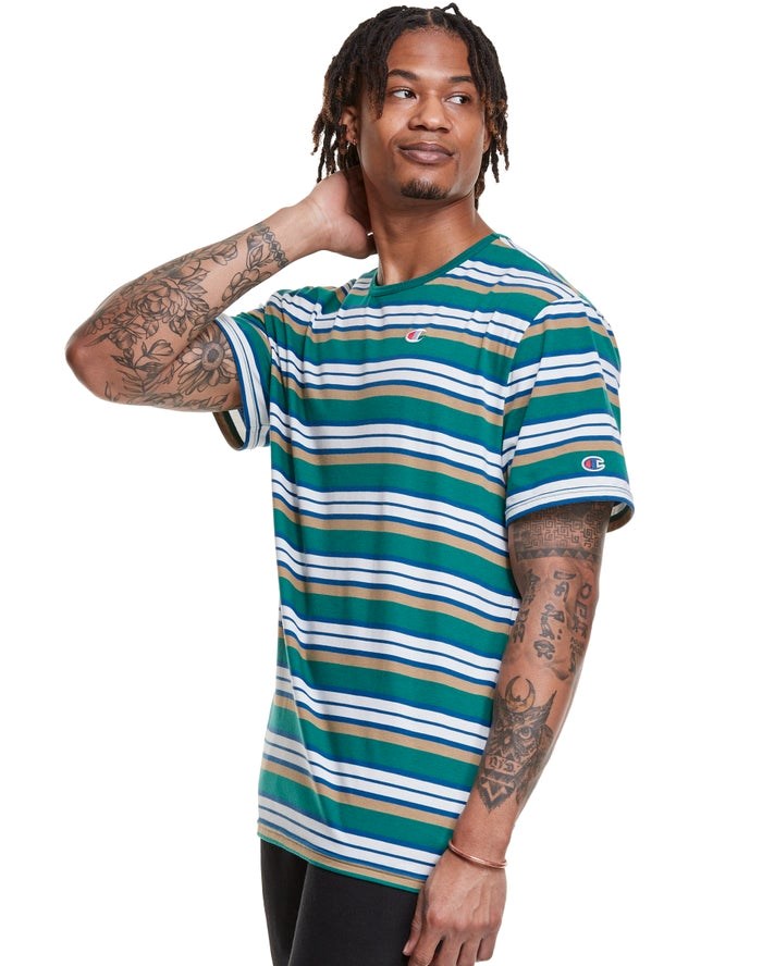 Champion Yarn-Dye Stripe C Logo T-shirt Herr Gröna Vita | 6501728-KD