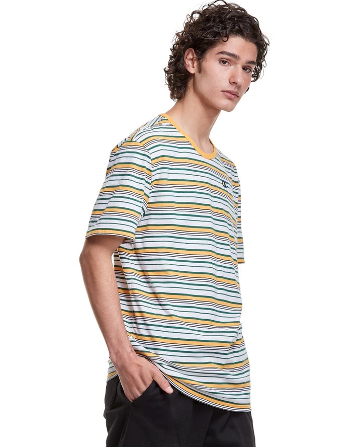 Champion Yarn-Dye Stripe C Logo T-shirt Herr Vita Gula | 7428531-TV