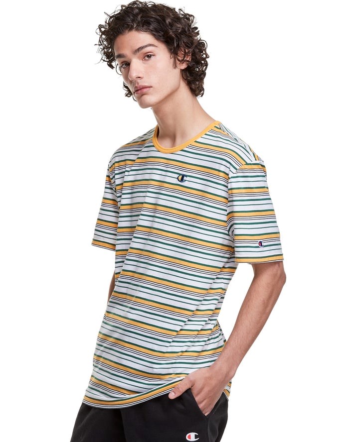 Champion Yarn-Dye Stripe C Logo T-shirt Herr Vita Gula | 7428531-TV